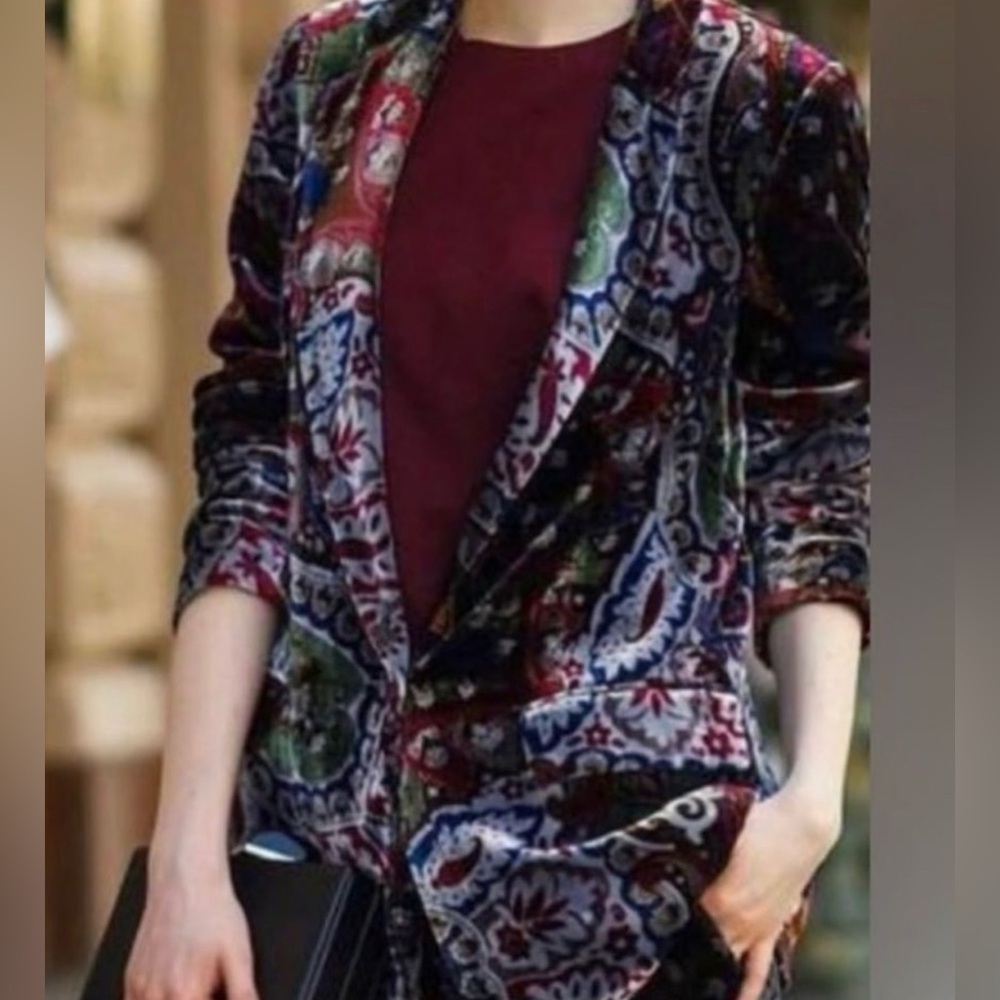 RARE! ZARA Blazer Velvet Paisley Silk Jacket Tops Shirts Suit Jacket Size M - Picture 3 of 7